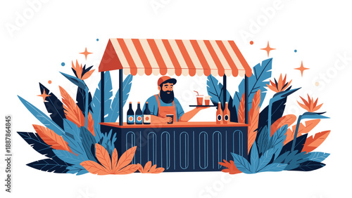 Friendly male bartender serving refreshing drinks at a tropical beach stand surrounded by large exotic leaves and colorful flowers.