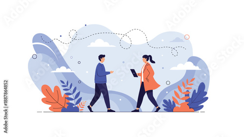 Professional business man and woman standing and talking to each other while collaborating on a creative project in a modern office.