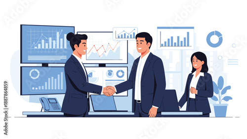 Family of three including father, mother, and child walking happily in a dense green forest with large sunlit trees.