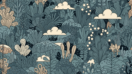 Intricate seamless pattern featuring stylized plants flowers and fluffy clouds in a calming palette of blue and beige colors.