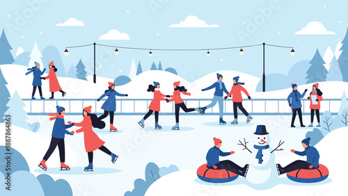 Large crowd of people enjoying outdoor ice skating at a public rink during a beautiful winter day in a snowy park setting.