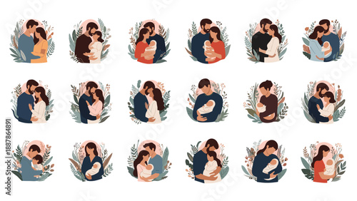 Set of diverse family portraits showing parents lovingly holding and caring for their newborn babies in a soft floral frame.