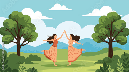 Two women in flowing dresses dancing joyfully together in a beautiful outdoor landscape with rolling hills and green trees.