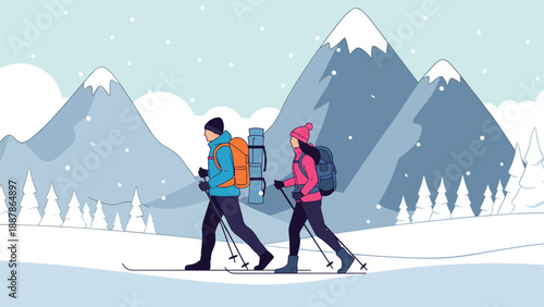 Adventurous couple wearing winter gear and carrying backpacks while cross country skiing across a beautiful mountain landscape.