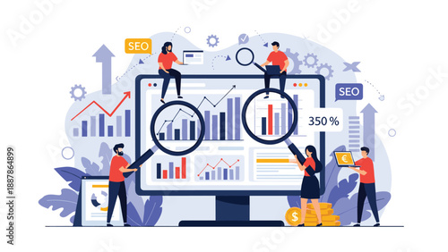 Team of business professionals using magnifying glasses to analyze complex data charts and financial statistics on a large monitor.
