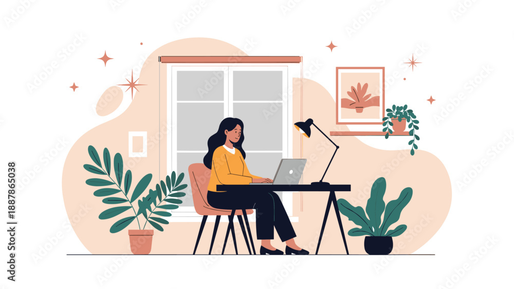 Fototapeta premium Young woman focused on her work using a laptop at a desk in a cozy home office with houseplants and window light.