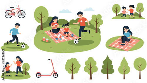 Collection of happy families and children enjoying outdoor activities like picnics, playing soccer, and riding bicycles.