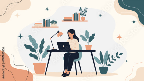 Focused woman working on her laptop at a stylish desk surrounded by many indoor plants and books in a modern home office.