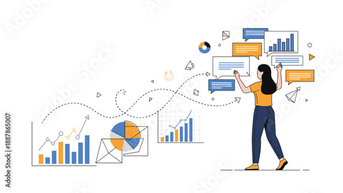 Cute snowman wearing a red hat and scarf standing in a snowy winter landscape with trees and Merry Christmas text above.