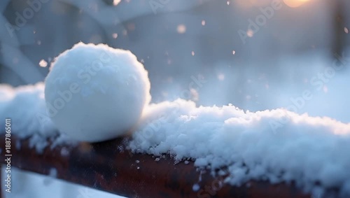 Winter Snowball Scene – Rusted Railing with Falling Snowflakes and Serene Forest Atmosphere