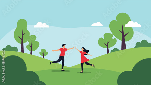 Happy young couple dancing together on a green meadow in a beautiful park with lush trees under a clear blue sky.