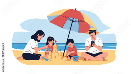 Family with two young children building a large sandcastle on a sunny tropical beach under a colorful beach umbrella.