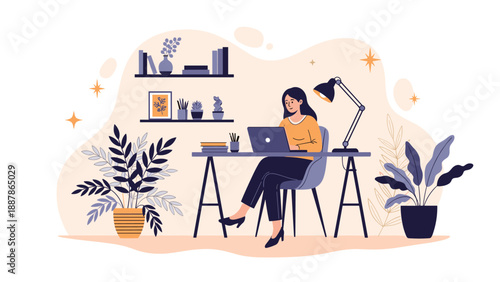 Professional woman working diligently on her laptop in a well-decorated room with many green plants and books.