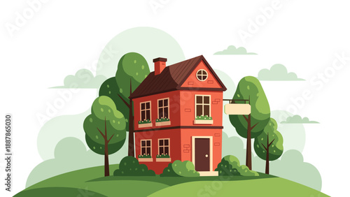Charming two-story red brick house situated on a grassy hill surrounded by many green trees and white clouds.