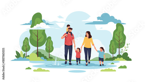 Happy family with three young children taking a leisurely walk through a lush green park on a bright sunny summer day.