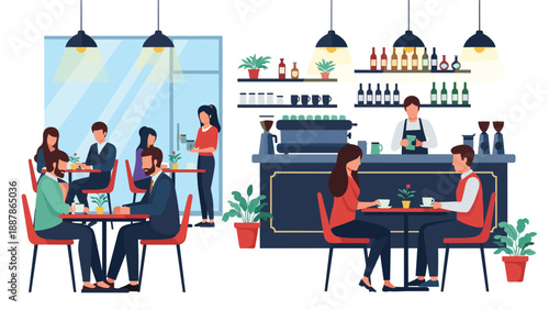 People enjoying coffee and conversation in a busy modern cafe with a professional barista serving customers at the counter.