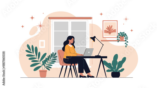 Young woman focused on her work using a laptop at a desk in a cozy home office with houseplants and window light.