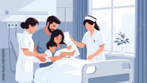 Happy family with a small child visiting a mother and her newborn baby in a bright hospital room with nurses.