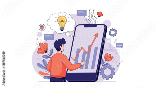 Modern man analyzing business growth charts and an idea light bulb on a giant smartphone screen in a stylized office.