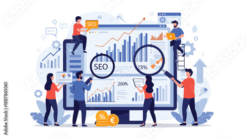 Two happy children in winter clothing building a white snowman in a beautiful snowy forest landscape with tall pine trees.