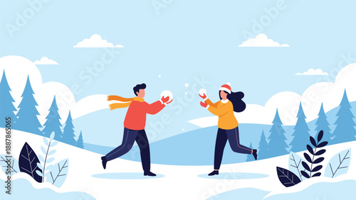 Playful young couple having fun in the snow while throwing snowballs at each other in a wintry forest landscape.