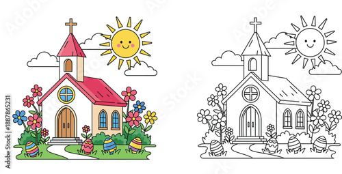 Small church in spring landscape with Easter eggs and smiling sun, vector illustration with black and white coloring page outline.
