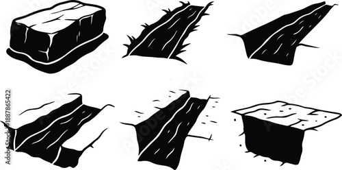 Black and white illustrations of broken ice blocks melting