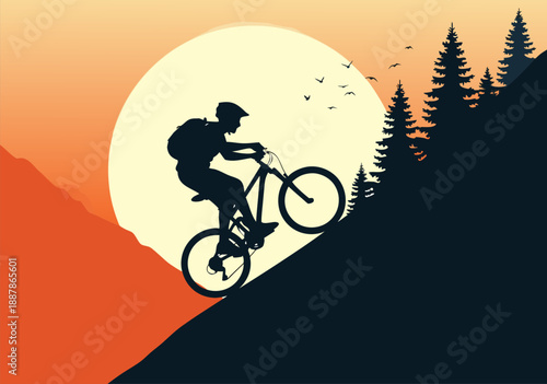 Silhouette illustration of a mountain biker riding up a steep hill during sunset with a large sun and trees in the background, vector art