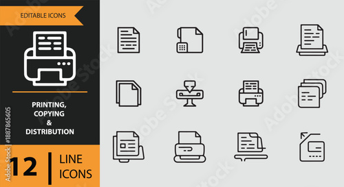 A collection of 12 editable line icons for printing, copying, and document distribution needs