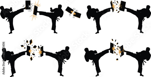 Black silhouettes of karate martial artists performing high kicks and breaking wooden boards with powerful strikes on white background vector.