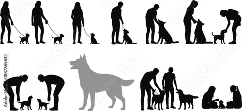 Black silhouettes of people walking training and playing with various dog breeds and puppies isolated on a white background for design.