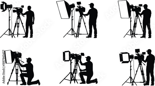 Black silhouettes of professional cameraman operating cinema camera on tripod with studio lighting equipment set isolated on white background for media.