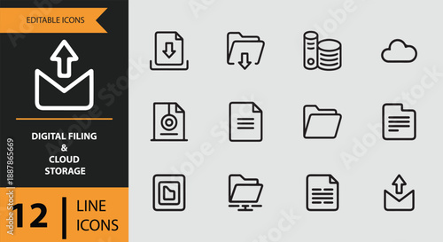 A set of editable line icons representing digital filing and cloud storage concepts
