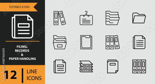 Collection of filing, records, and paper handling line icons for office and document management