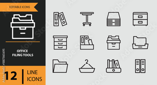 Editable line icons of essential office filing tools and organizational supplies