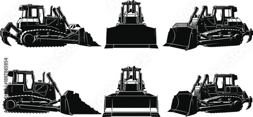 Collection of black and white vector illustrations showing heavy duty bulldozer machinery from different angles including front side and perspective.
