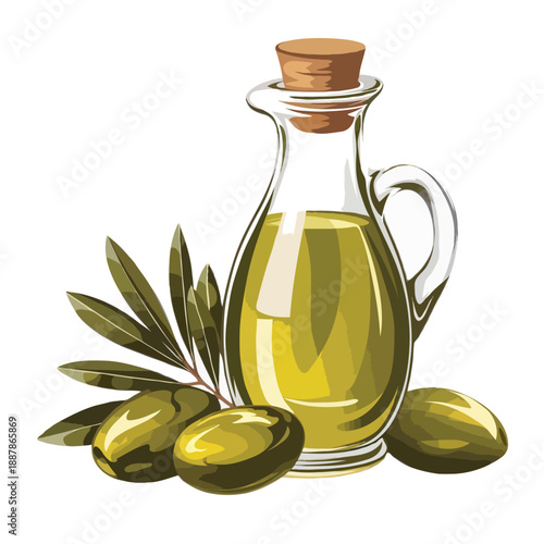 Olive oil bottle with olives and leaves isolated on white background, Vector, illustration