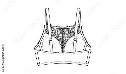 Lace back bra outline technical sketch white lingerie vector illustration