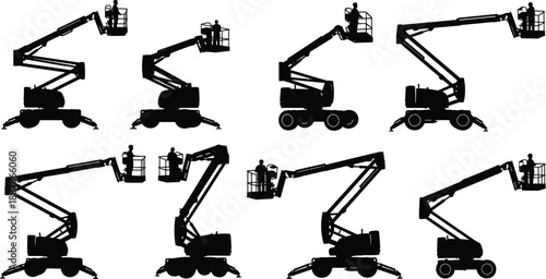 Collection of black silhouettes of industrial telescopic boom lifts and cherry pickers with operators isolated on a white background for design.