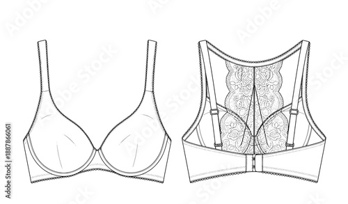 White lace back bra technical flat fashion illustration vector editable