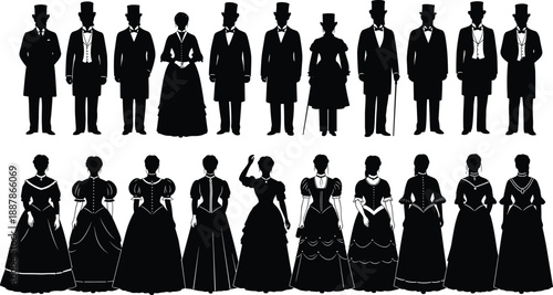 Collection of black silhouettes featuring Victorian era men in top hats and women in vintage long gowns on white background.
