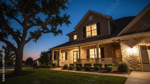 Wallpaper Mural Beautiful suburban house at dusk with warm lights and manicured lawn. Torontodigital.ca
