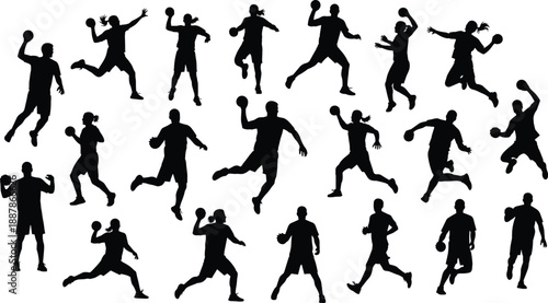 Large collection of black silhouettes featuring male and female handball players jumping throwing and running isolated on white background for sports.