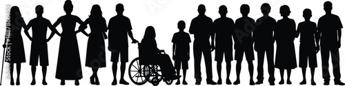 Large collection of black silhouettes of diverse people including men women children a person in a wheelchair and elderly woman.