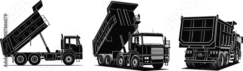 Set of black and white dump truck silhouettes showing various angles including side view and perspective view isolated on white background.