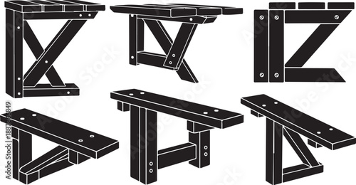 Various black metal brackets and shelves in different angles