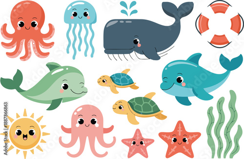 Cute cartoon marine animals including an octopus jellyfish whale dolphin turtle starfish and sun design