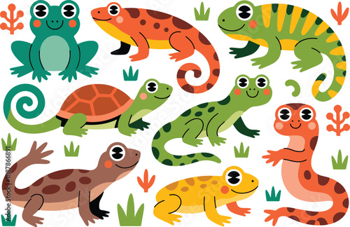 Reptile and amphibian vector set with various frogs turtles salamanders and chameleons in natural environment