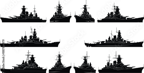 Set of black silhouettes of historical naval warships and military battleships showing various side profile designs isolated on white background.