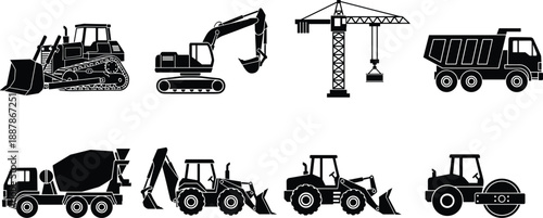 Set of black vector silhouettes of heavy construction machinery including excavators cranes dump trucks bulldozers and rollers on white background.